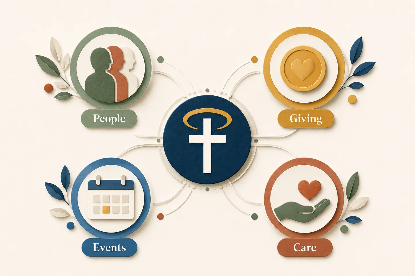 Paper-cut illustration connecting the Relius emblem to People, Giving, Events, and Care