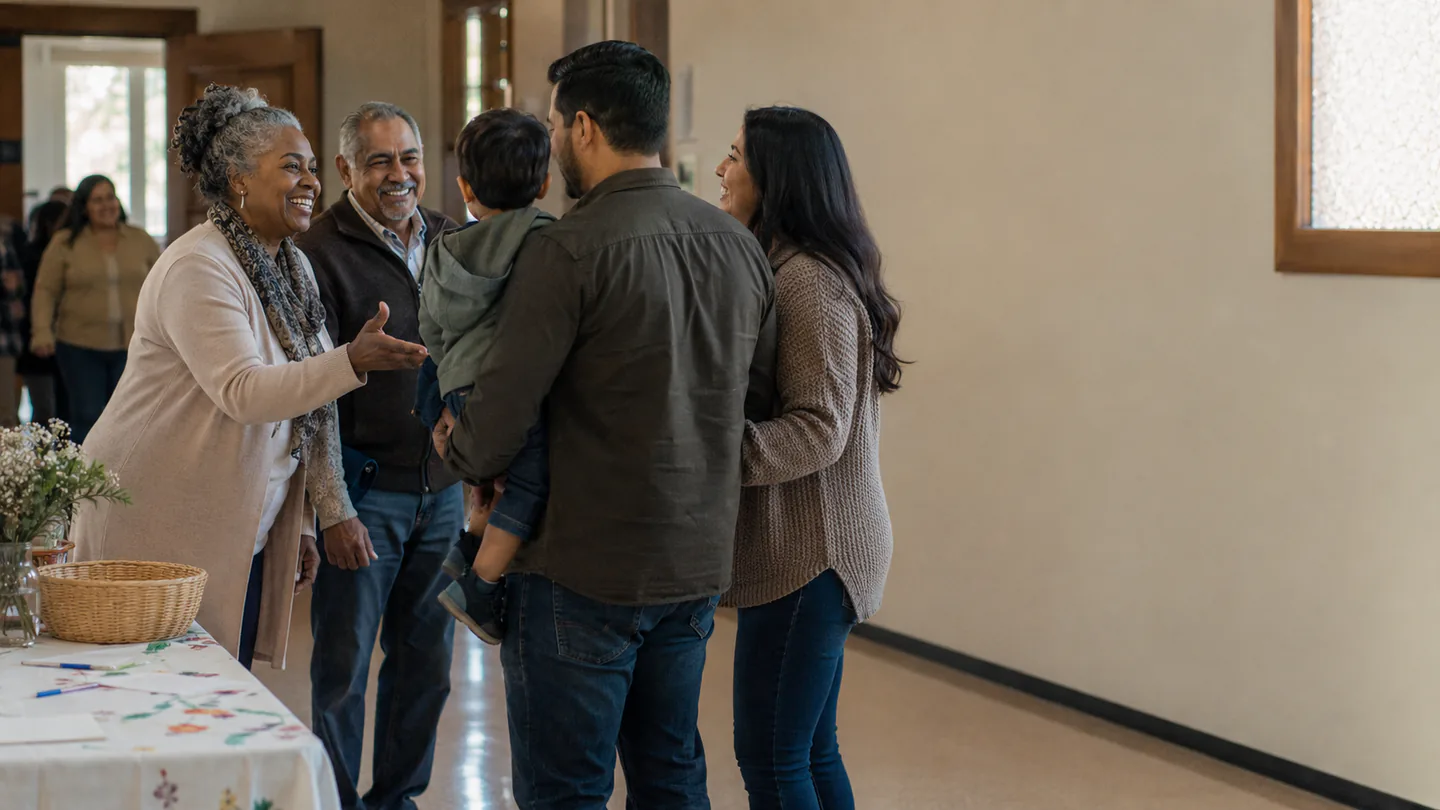 A multigenerational family being welcomed in a church hallway