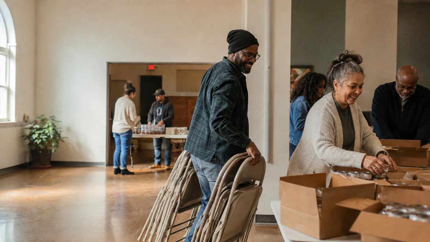 Church volunteers arranging supplies for a community service project
