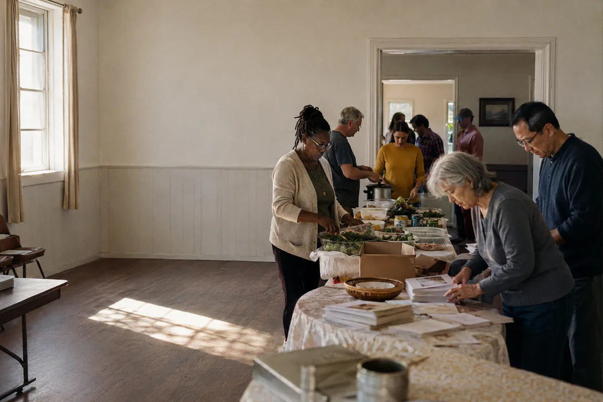 Church volunteers preparing food and supplies together after a service